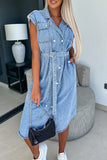 Casual Solid Patchwork With Belt Turndown Collar Sleeveless Regular Denim Dresses