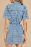 Casual Solid Pocket Turndown Collar Long Sleeve Denim Dresses