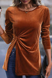 Elegant Solid Slit Asymmetrical O Neck Tops