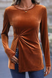 Elegant Solid Slit Asymmetrical O Neck Tops