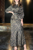 Elegant Leopard With Belt Turndown Collar Long Sleeve Two Pieces