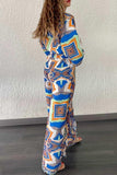 Casual Vintage Geometric Print Pocket Slit V Neck Long Sleeve Two Pieces