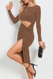 Sexy Solid Ripped Slit O Neck Wrapped Skirt Dresses