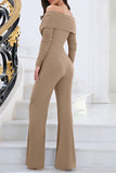 Sexy Simplicity Solid Fold V Neck Regular Jumpsuits