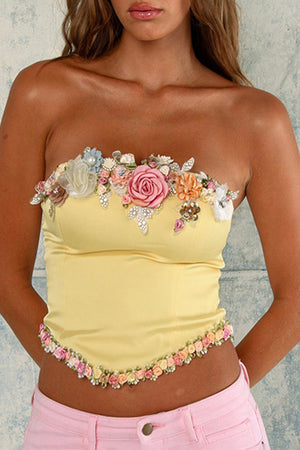 Flowers Patchwork Zipper Strapless Tops