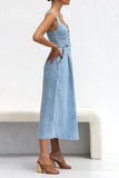 Elegant Solid Make Old Pocket Buckle V Neck Sleeveless Loose Denim Dresses