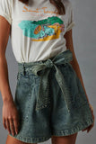 Casual Vintage Solid Bandage Make Old Pocket High Waist Denim Shorts