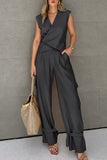Casual Solid Pocket Buttons Asymmetrical V Neck Sleeveless Two Pieces