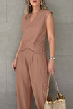 Casual Solid Pocket Buttons Asymmetrical V Neck Sleeveless Two Pieces
