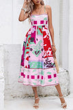 Casual Mixed Printing Contrast Square Collar Sling Dresses