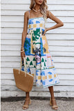 Casual Mixed Printing Contrast Square Collar Sling Dresses
