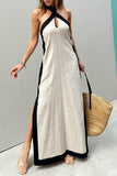 Casual Solid Slit Contrast Halter Sleeveless Dresses(3 Colors)