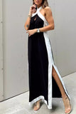 Casual Solid Slit Contrast Halter Sleeveless Dresses(3 Colors)