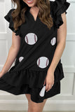 Casual Geometric Print Embroidered Sequins Pocket Ruffle V Neck Irregular Dresses