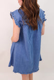 Casual Daily Solid Color Distressed Pocket Ruffle Shirt Collar Short Sleeve Loose Denim Dresses
