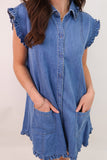 Casual Daily Solid Color Distressed Pocket Ruffle Shirt Collar Short Sleeve Loose Denim Dresses