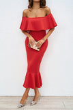 Sexy Prom Solid Color Ruffle Off Shoulder Fishtail Dresses