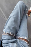 Street Solid Color Rhinestone Decor High Waist Denim Jeans