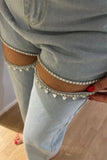 Street Solid Color Rhinestone Decor High Waist Denim Jeans