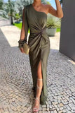 Sexy Solid Color Slit Ruched Knotted Sloping Shoulder Long Dresses