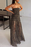 Sexy Animal Print Slit Mesh Strapless Strapless Dresses