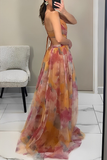 Sexy Gradient Print Backless Contrast V Neck Long Dresses