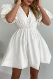 Casual Solid Color Ruched V Neck Princess Short Sleeve Dress(5 Colors)