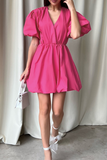 Casual Solid Color Ruched V Neck Princess Short Sleeve Dress(5 Colors)