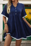 Casual Patchwork Ripple Buttons V Neck A Line Short Sleeve Dress