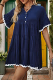 Casual Patchwork Ripple Buttons V Neck A Line Short Sleeve Dress