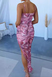 Sexy Gradient Print Slit Contrast V Neck Sling Dresses