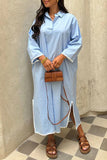 Solid Color Embroidered Patchwork Slit Turndown Collar Long Sleeve Dresses(4 Colors)