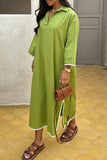 Solid Color Embroidered Patchwork Slit Turndown Collar Long Sleeve Dresses(4 Colors)