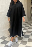 Solid Color Embroidered Patchwork Slit Turndown Collar Long Sleeve Dresses(4 Colors)