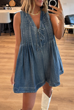 Casual Daily Distressed Lace Up V Neck Sleeveless Loose Denim Jumpsuits