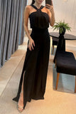 Casual Solid Color Patchwork Backless V Neck Regular Jumpsuits