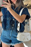 Casual Street Solid Color Buckle Patchwork Irregular Turndown Collar Sleeveless Denim Jacket