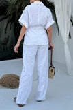 Casual Daily Solid Color Draw String Pocket Turndown Collar Short Sleeve Two Pieces(3 Colors)