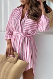 Casual Striped Print Lace Up Buttons Turndown Collar Shirt Dresses(5 Colors)