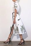 Daily Elegant Graffiti Print Pocket Lace Up Turndown Collar Shirt Short Sleeve Dress(3 Colors)