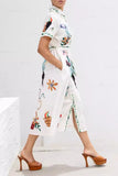 Daily Elegant Graffiti Print Pocket Lace Up Turndown Collar Shirt Short Sleeve Dress(3 Colors)