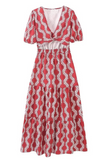 Elegant Geometric Print Hollow Out V Neck A Line Short Sleeve Dress