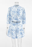 Elegant Gradient Print Buckle Contrast Mandarin Collar Half Sleeve Two Pieces