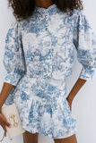 Elegant Gradient Print Buckle Contrast Mandarin Collar Half Sleeve Two Pieces