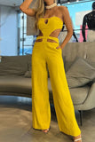 Sexy Daily Solid Color Hollow Out Pocket Strapless Skinny Jumpsuits