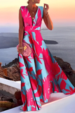 Casual Print Patchwork V Neck Cake Skirt Dresses(5 Colors)