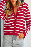 Casual Daily Stripe Buttons Weave O Neck Outerwear(8 Colors)