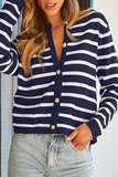 Casual Daily Stripe Buttons Weave O Neck Outerwear(8 Colors)