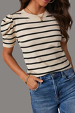 Casual Stripe Ruched Weave O Neck T-Shirts(5 Colors)