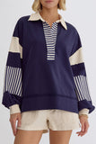 Casual Street Stripe Patchwork Contrast Turndown Collar Tops